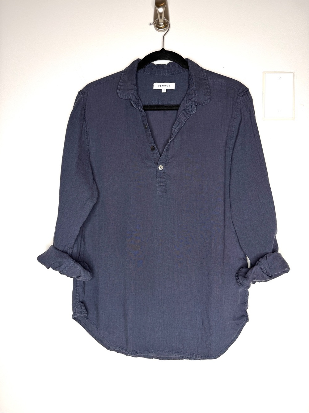 Venroy 100% Linen Popover Blouse Long Sleeve Henley Navy Blue Size S